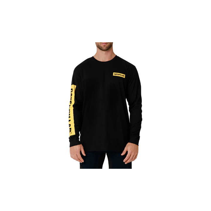 Camisetas Caterpillar Icon Block Long Sleeve Hombre Negros Amarillos | Chile-085631OUR